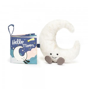 Książeczka Z Ogonkami Jellycat Hello Moon Fabric and Amuseables Moon Medium Białe | Polska HOFA-67014