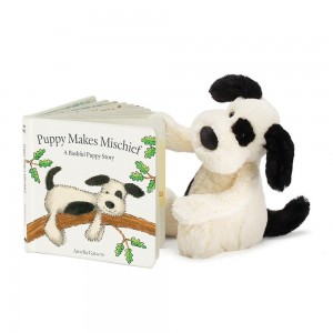 Książeczka Z Ogonkami Jellycat Puppy Makes Mischief and Bashful Puppy Medium Białe | Polska NUOD-05361
